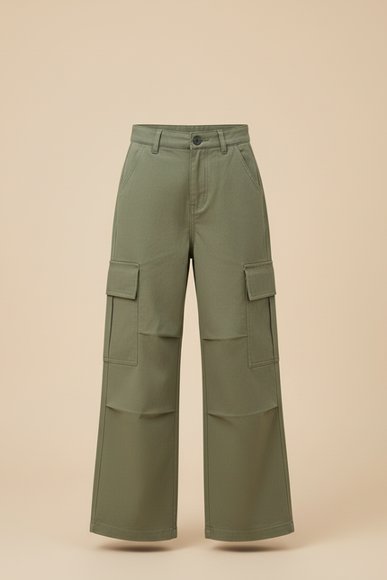 Pantalon Cargo Vert Ample Poches Latérales Fille - Kaki Toile - vue 3