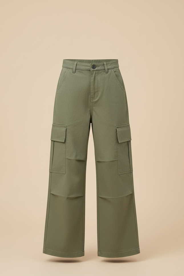 Pantalon Cargo Vert Ample Poches Latérales Fille - Kaki Toile - vue 3
