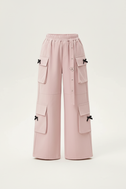 Pantalon Cargo Rose Ample Poches Nœuds Fille - Toile - vue 3