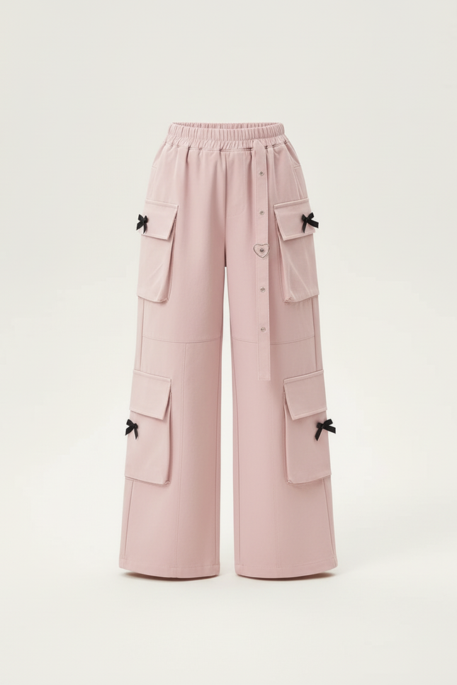 Pantalon Cargo Rose Ample Poches Nœuds Fille - Toile - vue 3