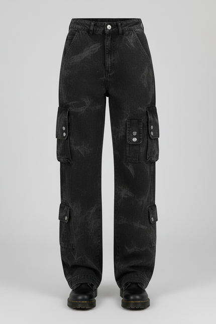 Pantalon Cargo Noir Délavé Ample Multipoches Streetwear Femme - Jean - vue 3