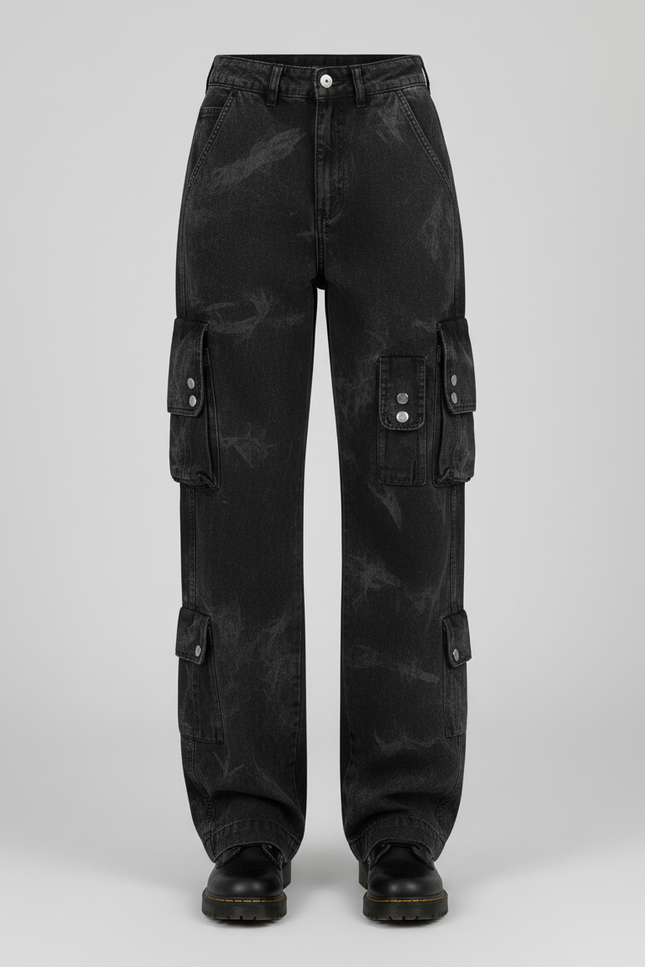 Pantalon Cargo Noir Délavé Ample Multipoches Streetwear Femme - Jean - vue 3