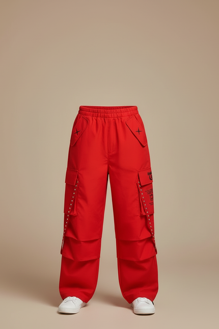 Pantalon Cargo Rouge Ample Garçon Streetwear Poches - Coton - vue 3