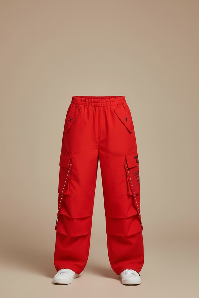 Pantalon Cargo Rouge Ample Garçon Streetwear Poches - Coton - vue 3