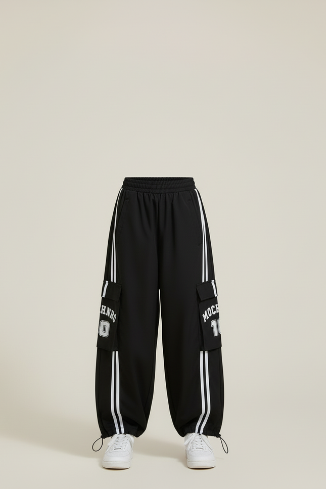 Pantalon Cargo Noir Ample Rayures Blanches Streetwear - Polyester - vue 3