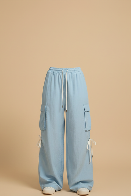 Pantalon Cargo Bleu Ciel Fluide Ample Léger - Polyester - vue 3