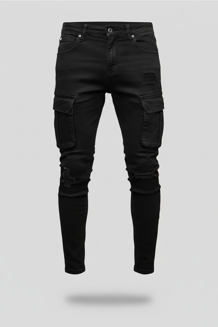 Pantalon Cargo Noir Slim Délavé Multipoches Homme - Jean - vue 3