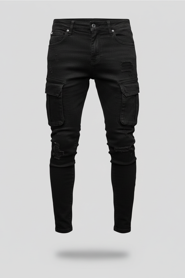 Pantalon Cargo Noir Slim Délavé Multipoches Homme - Jean - vue 3