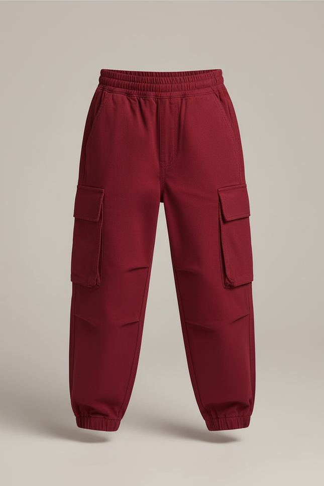 Pantalon Cargo Rouge Ample Multipoches Streetwear Enfant - Bordeaux Coton - vue 3
