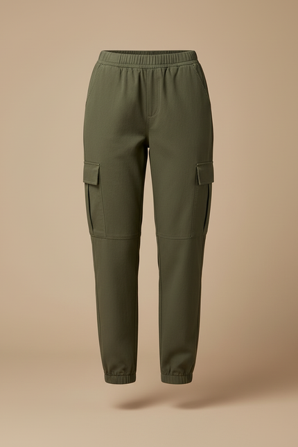 Pantalon Cargo Vert Militaire Femme Taille Haute Élastique - Kaki Gabardine - vue 3