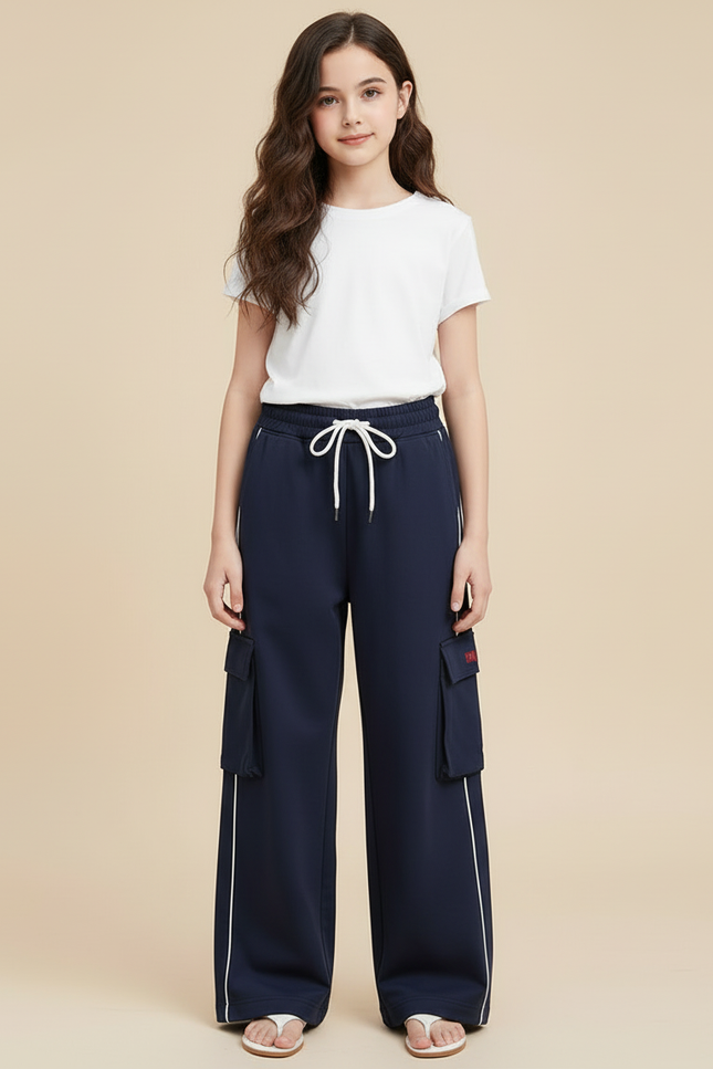 Pantalon Cargo Bleu Marine Ample Fille Multipoches Décontracté - Molleton - vue 3