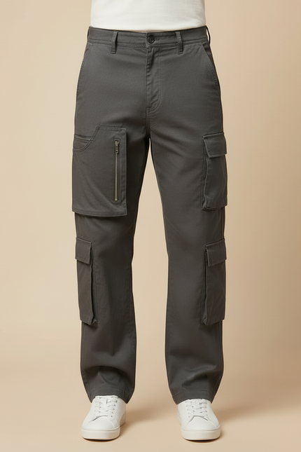 Pantalon Cargo Gris Ample Multipoches Zippées Homme - Toile - vue 3