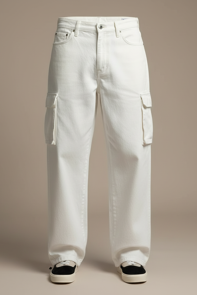 Pantalon Cargo Blanc Ample Coton Décontracté Homme - Jean - vue 3