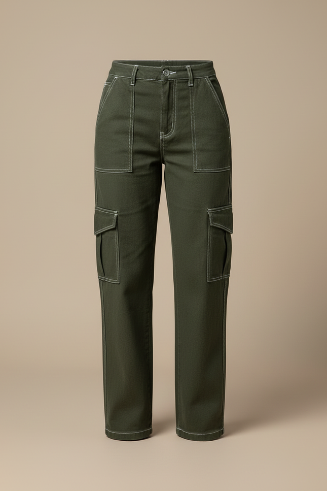 Pantalon Cargo Vert Militaire Ample Surpiqûres Blanches - Kaki Toile - vue 3
