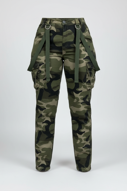 Pantalon Cargo Camouflage Militaire Slim Bretelles Femme - Kaki Toile - vue 3