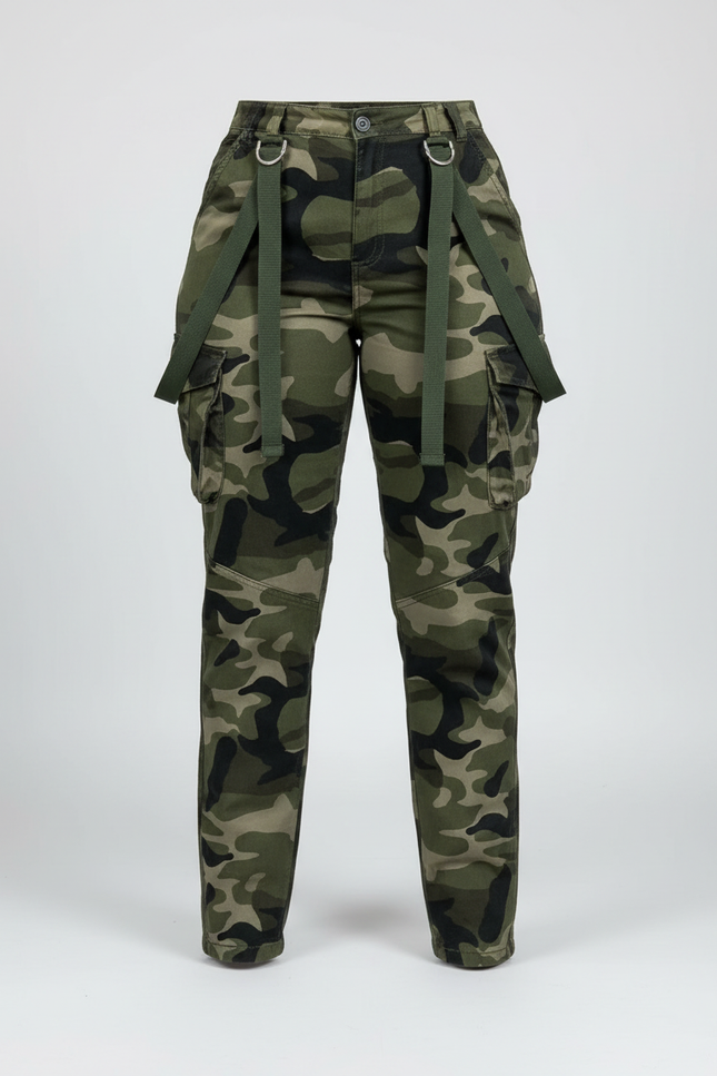 Pantalon Cargo Camouflage Militaire Slim Bretelles Femme - Kaki Toile - vue 3