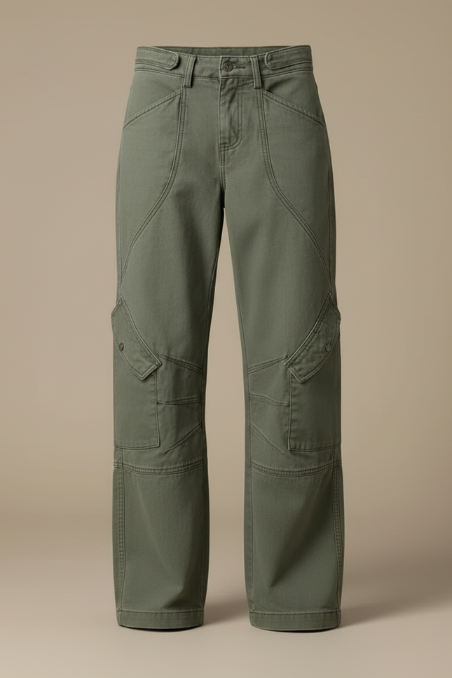 Pantalon Cargo Vert Ample Décontracté Poches Femme - Kaki Toile - vue 3