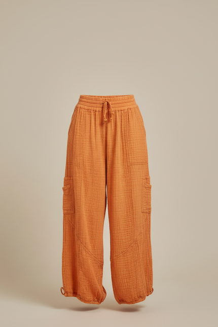 Pantalon Cargo Orange Ample Coton Plissé Décontracté - vue 3