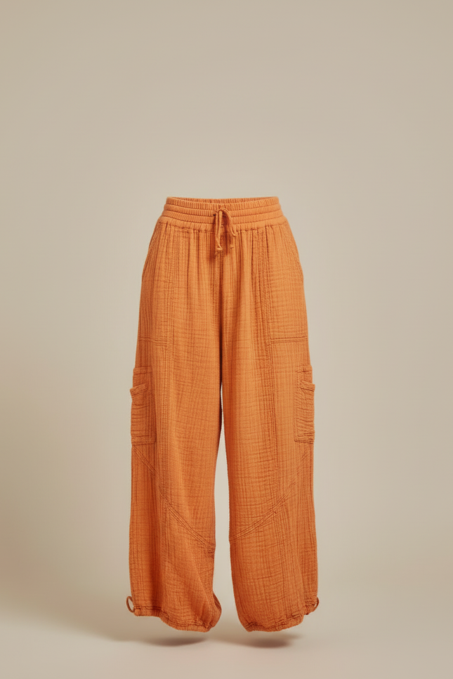 Pantalon Cargo Orange Ample Coton Plissé Décontracté - vue 3