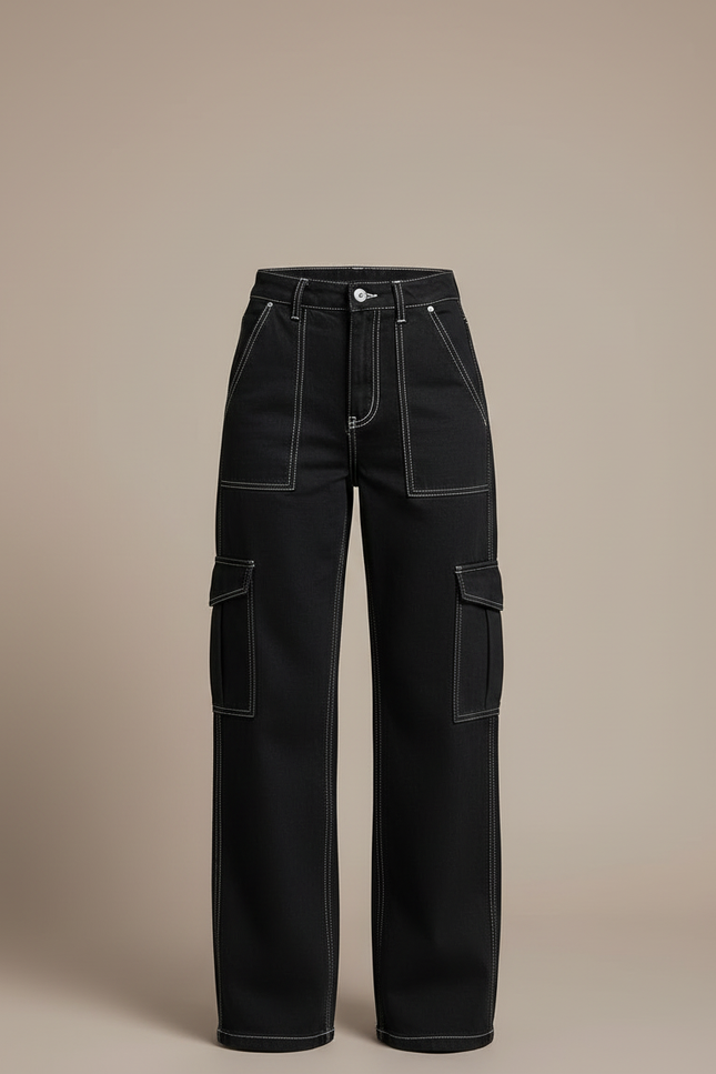 Pantalon Cargo Noir Ample Surpiqûres Blanches - Jean - vue 3