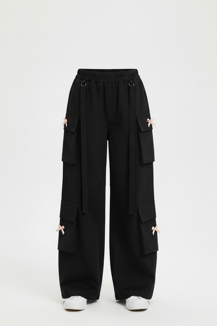 Pantalon Cargo Noir Ample Poches Nœuds Fille - Polyester - vue 3