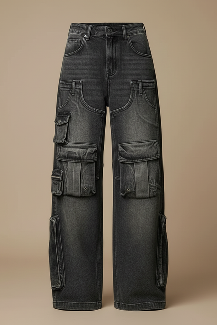 Pantalon Cargo Noir Ample Multipoches Délavé Femme - Gris Jean - vue 3