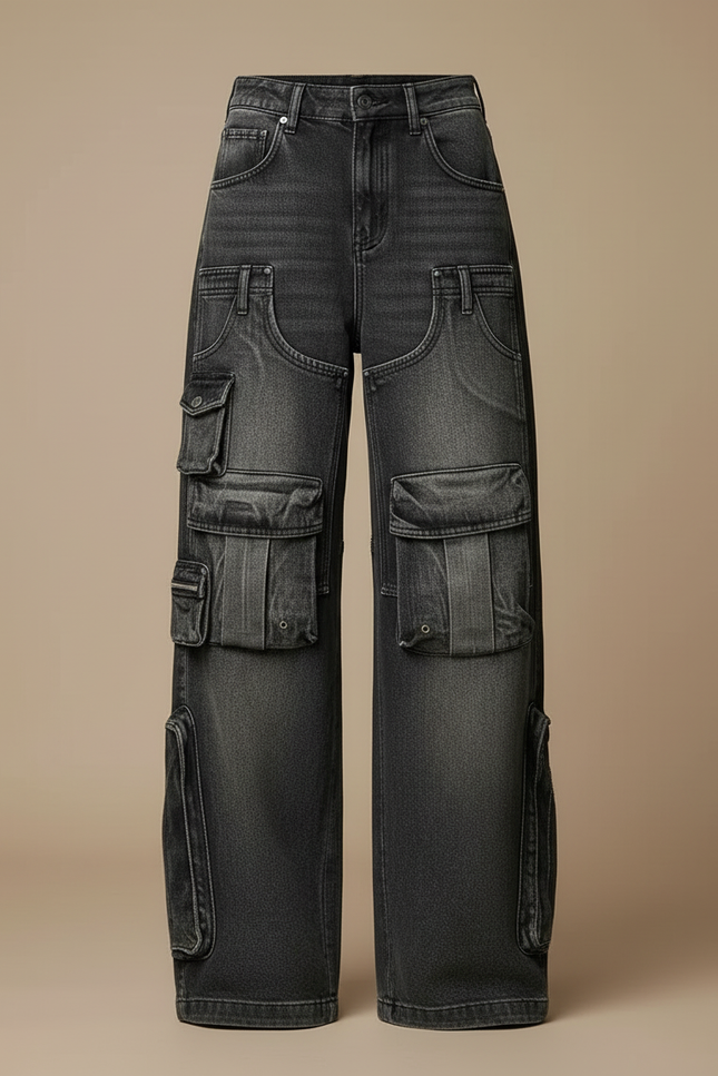 Pantalon Cargo Noir Ample Multipoches Délavé Femme - Gris Jean - vue 3