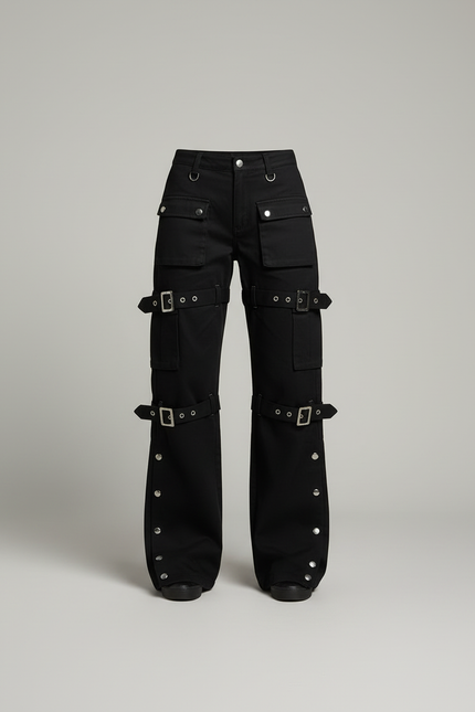 Pantalon Cargo Noir Ample Ceintures Boucles Streetwear - Toile - vue 3