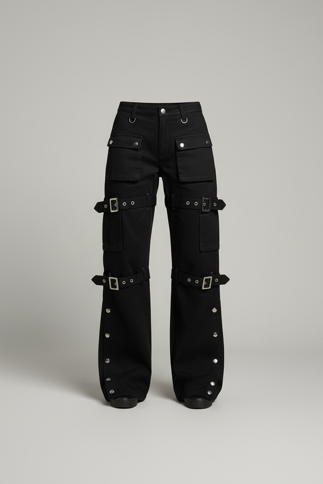 Pantalon Cargo Noir Ample Ceintures Boucles Streetwear - Toile - vue 3