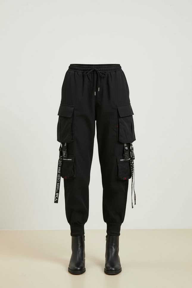 Pantalon Cargo Noir Fluide Multipoches Chaînes Femme - Polyester - vue 3