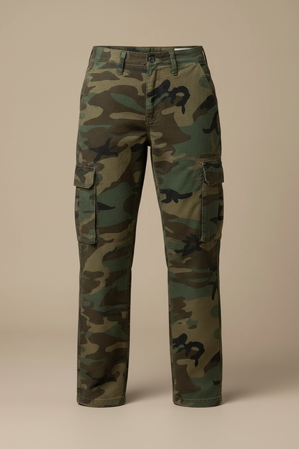 Pantalon Cargo Camouflage Militaire Ample Taille Haute - Multicolore Toile - vue 3