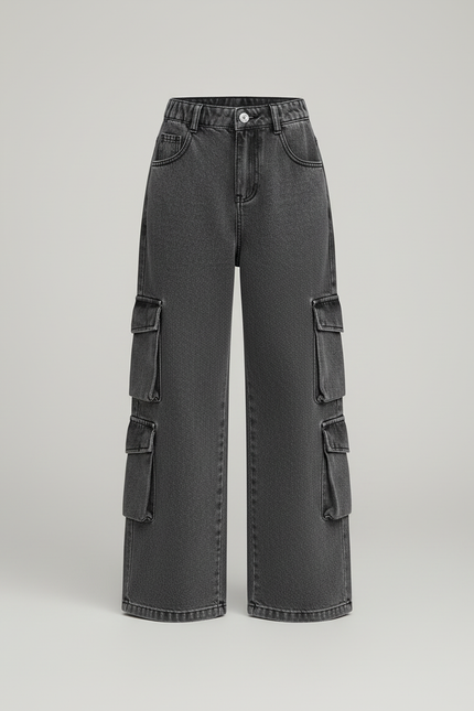 Pantalon Cargo Gris Denim Ample Multipoches Enfant - Jean - vue 3