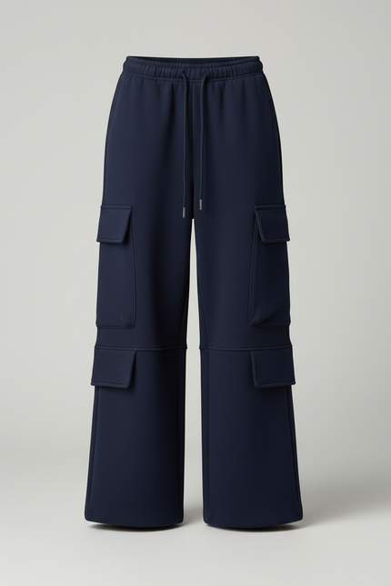 Pantalon Cargo Bleu Marine Ample Coton Multipoches Femme - Molleton - vue 3