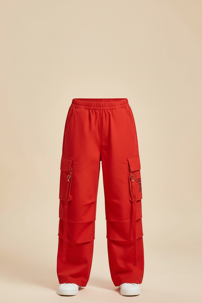 Pantalon Cargo Rouge Ample Streetwear Poches Garçon - Toile - vue 3