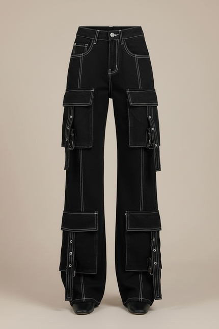 Pantalon Cargo Noir Ample Multipoches Surpiqûres Blanches - Jean - vue 3