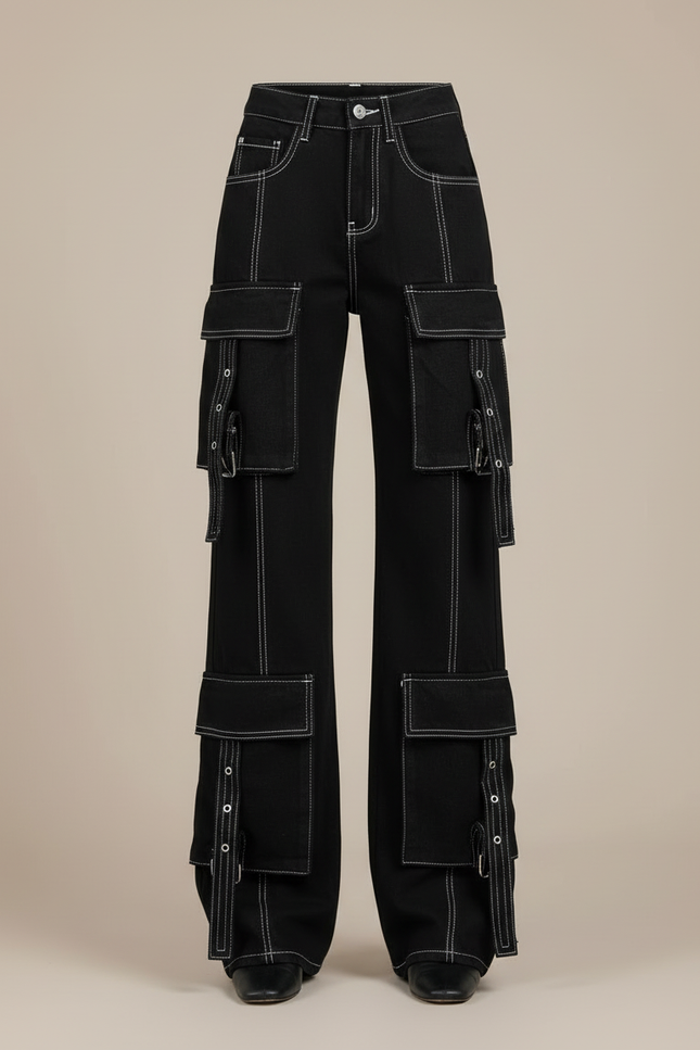 Pantalon Cargo Noir Ample Multipoches Surpiqûres Blanches - Jean - vue 3
