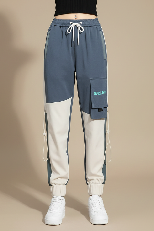 Pantalon Cargo Bicolore Ample Streetwear Femme Cordon - Multicolore Polyester - vue 3