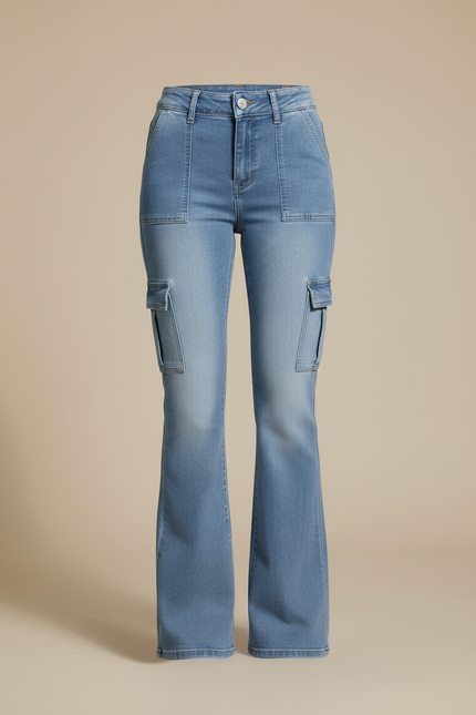 Pantalon Cargo Femme Denim Bleu Multi-Poches Évasé - Jean - vue 3