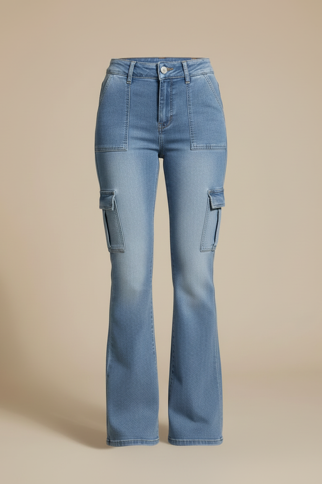 Pantalon Cargo Femme Denim Bleu Multi-Poches Évasé - Jean - vue 3