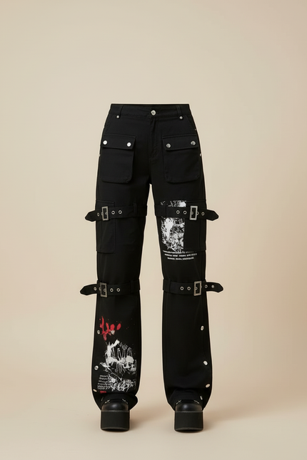 Pantalon Cargo Noir Gothique Imprimé Boucles Femme - Toile - vue 3