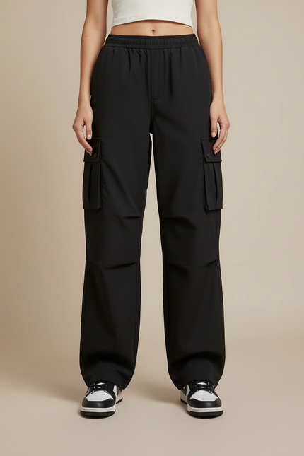 Pantalon Cargo Noir Ample Taille Haute Femme - Polyester - vue 3
