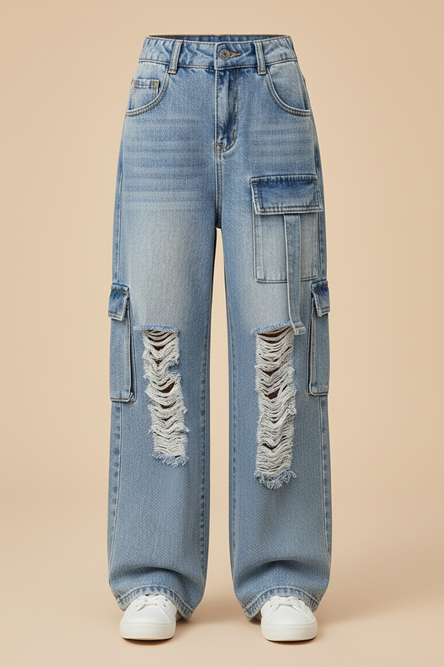 Pantalon Cargo Ample Délavé Délavé Multipoches Fille - Bleu Jean - vue 3