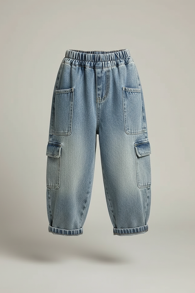 Pantalon Cargo Jean Ample Délavé Enfant - Bleu - vue 3