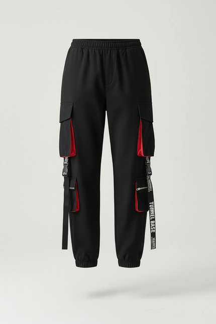 Pantalon Cargo Noir Streetwear Poches Rouges Sangles - Polyester - vue 3