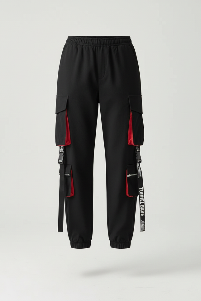 Pantalon Cargo Noir Streetwear Poches Rouges Sangles - Polyester - vue 3