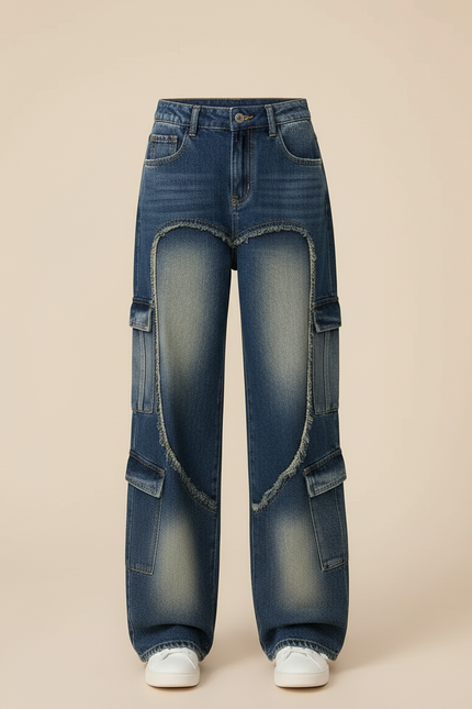 Pantalon Cargo Jean Large Délavé Multipoches Fille - Bleu - vue 3