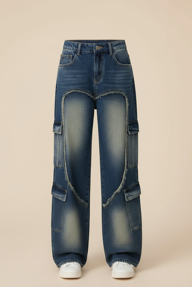 Pantalon Cargo Jean Large Délavé Multipoches Fille - Bleu - vue 3