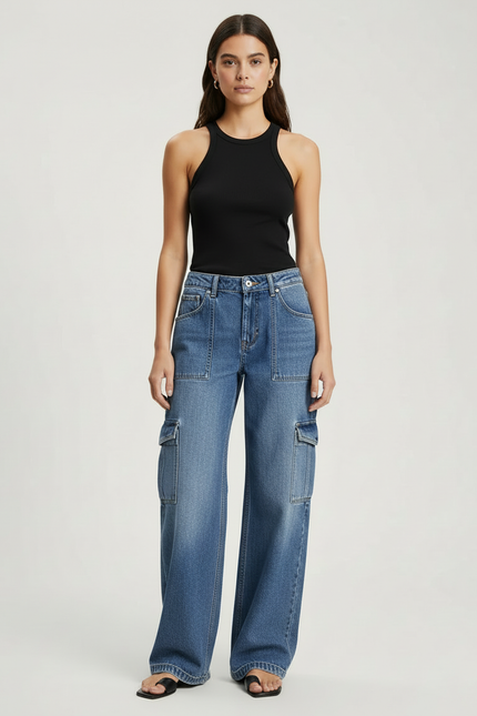 Pantalon Cargo Jean Ample Bleu Multipoches Droit - vue 3