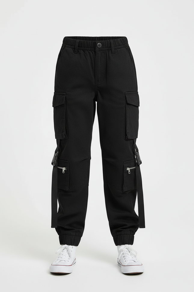 Pantalon Cargo Noir Décontracté Multipoches Sangles Fille - Toile - vue 3