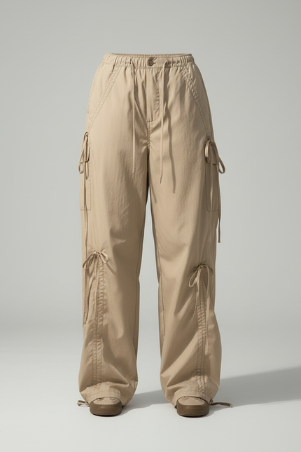 Pantalon Cargo Beige Ample Cordons Streetwear Femme - Toile - vue 3